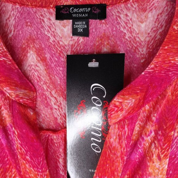 NWT Cocomo Plus Size 3X Pink & Orange Geo Print Pintuck Short Sleeve Top - Picture 6 of 7